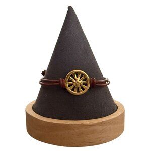 Tory Burch Miller Adjustable Brown Leather Bracelet Gold Sunburst Logo Charm